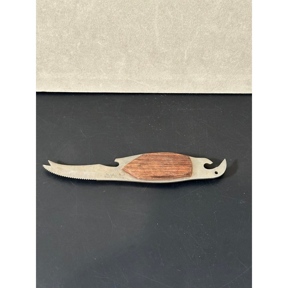 Vintage Stainless Steel Multi Bar‎ Tool Wood Inlay Bottle Opener Citrus Knife